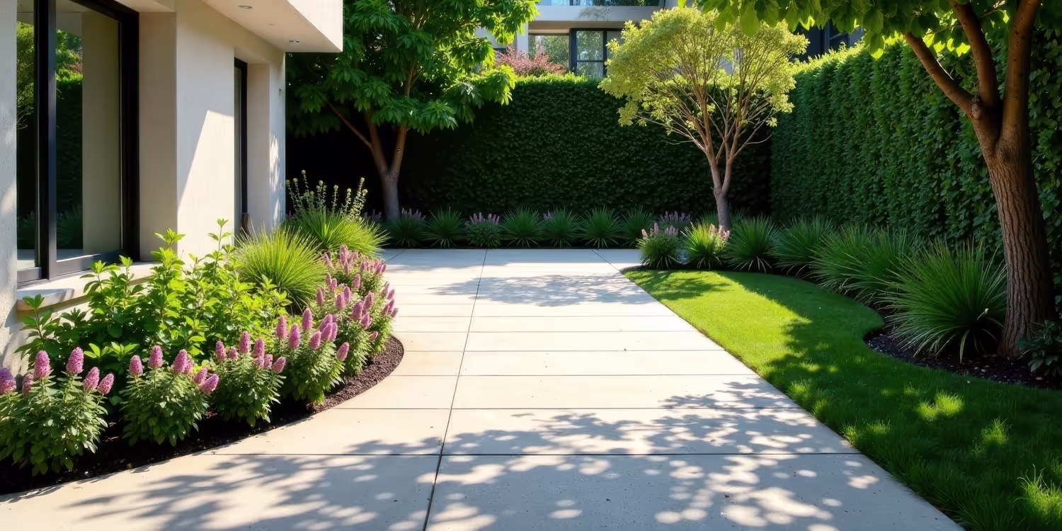 Modernes Landschaftsdesign für Wohnhäuser mit gepflastertem Terrassenbereich, üppigem Grün und blühenden Pflanzen, die in einem geschwungenen Beet angeordnet sind.